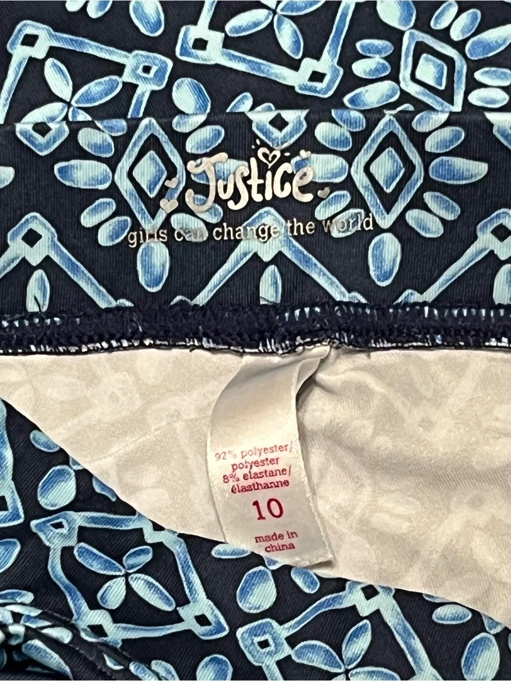 Justice Girls Size 10 Blue Geometric Print Leggings Stretch Pull On Pants